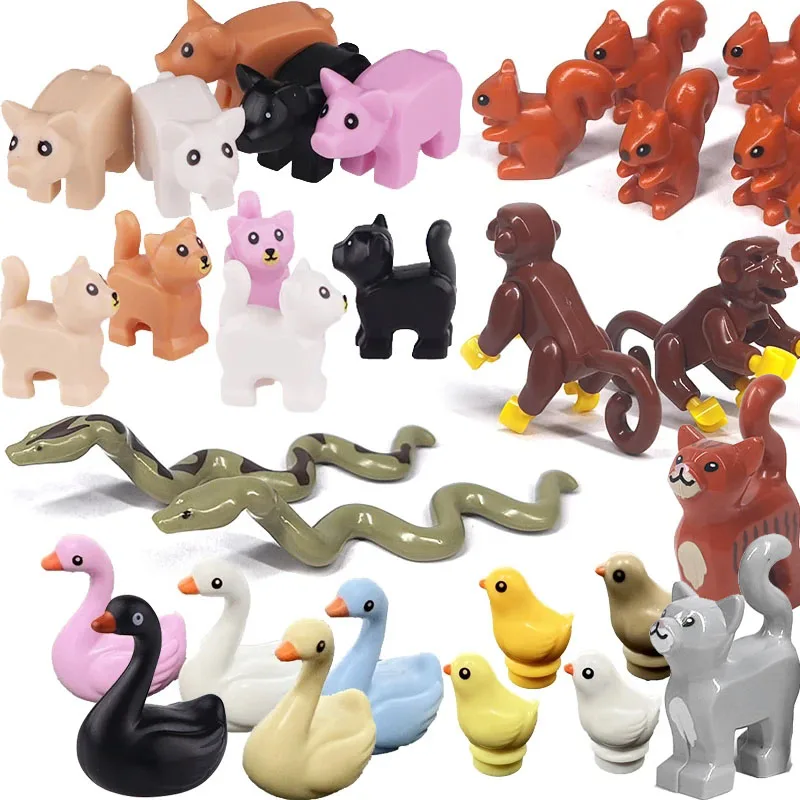 MOC Animals Building Blocks Pig Baby Kitten Cat Piggy Pussy Swan Snake Monkey Dolphin Farm Squirrel Chick Bricks Toys Kids Gift