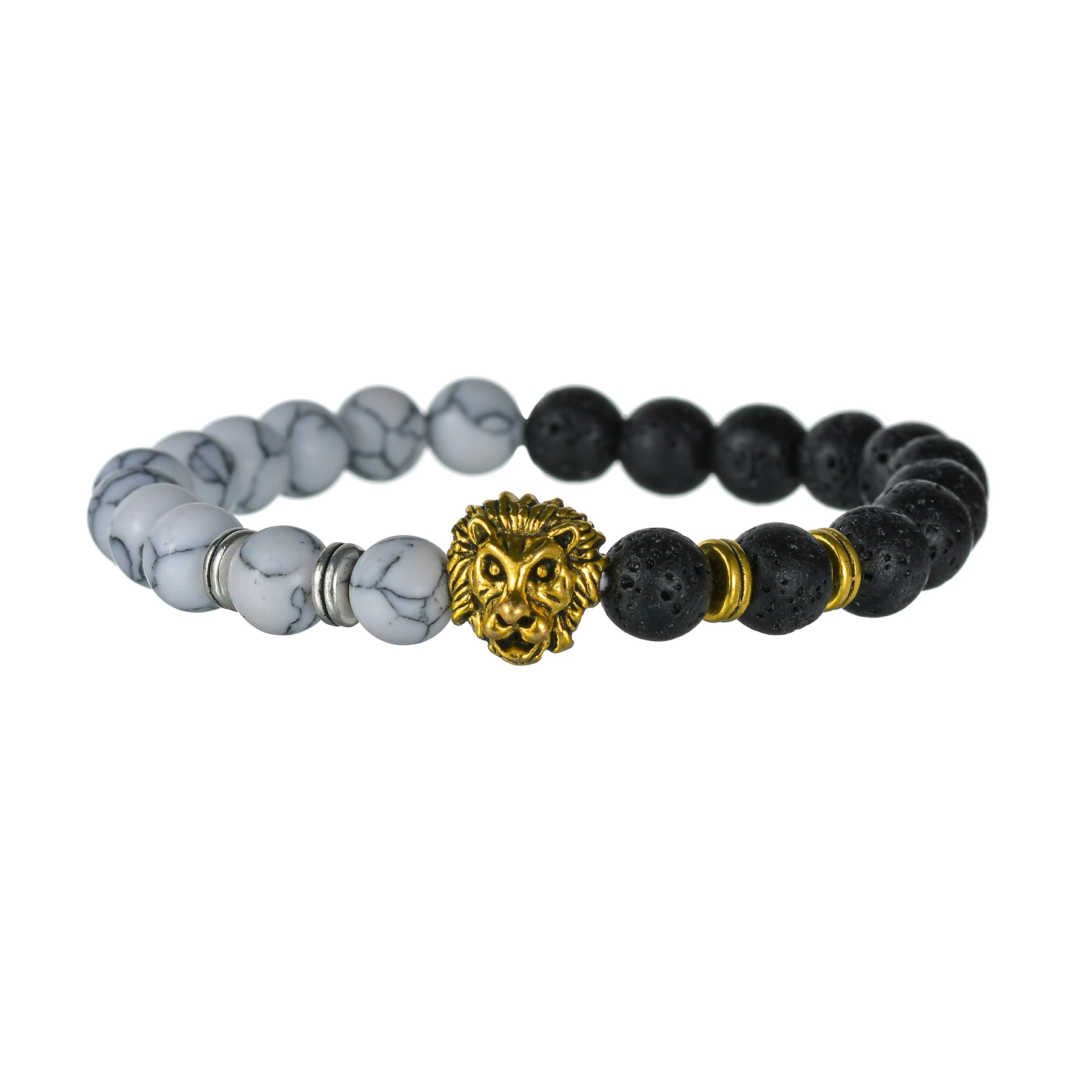 Punk 8mm Natural Stone Men\'s Lion Head Beaded Strand Bracelet Goth Lava Bangles Wristband Women Jewelry Boyfriend Gift
