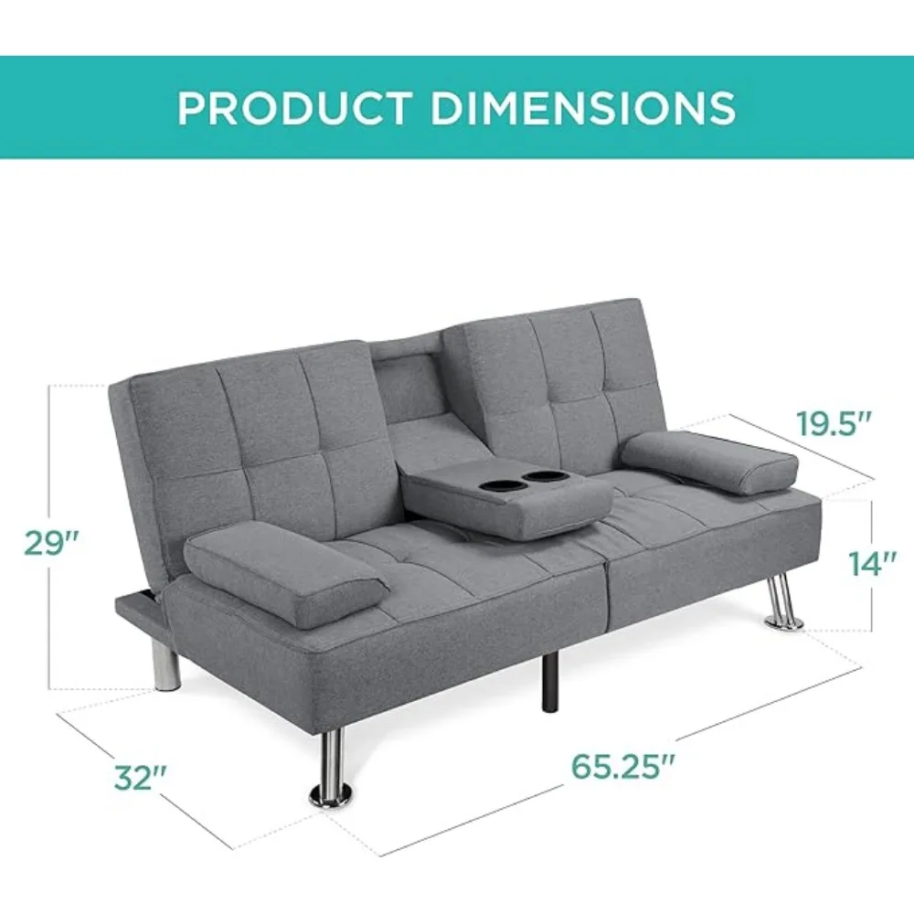 Futon dobrável moderno de linho, sofá-cama reclinável para apartamento, dormitório com braços removíveis, 2 porta-copos