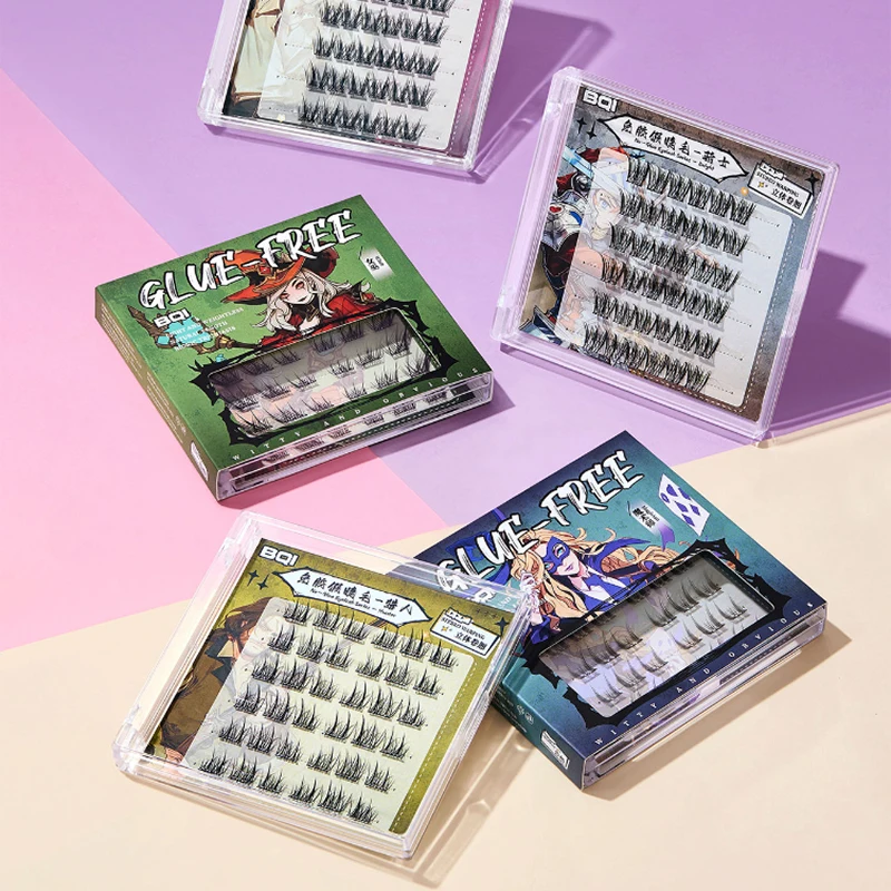 BQI ゲームタイプの接着剤不要のつけまつげは自然な外観を与え、目を大きく見せ、初心者にも適しており、自然なメイクを適用します。