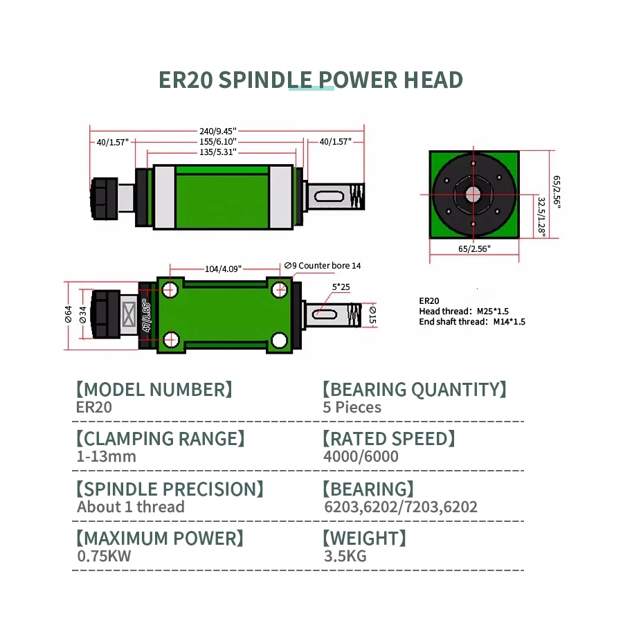 ER20/ER25/ER32 Power Head Lathe Spindle Head Boring Milling Grinding Head Cutting Head Milling Groove Drilling Tapping