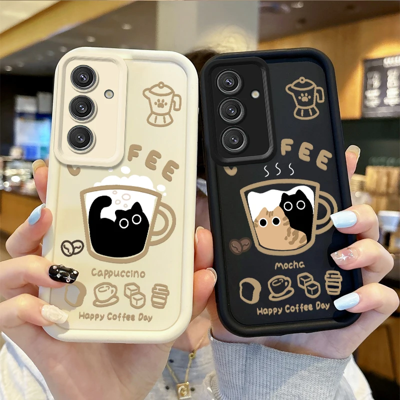 Cute Coffee Cat Cartoon Phone Case For Samsung Galaxy A36 A35 A34 A33 A32 5G A31 A30 A24 A23 A22 A16 A12 A50S M55 Silicone Cover