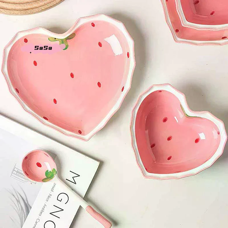 Strawberry Bowl Spoon Plate Set Beautiful Girl Heart Bowl Salad Bowl Dessert Household Tableware