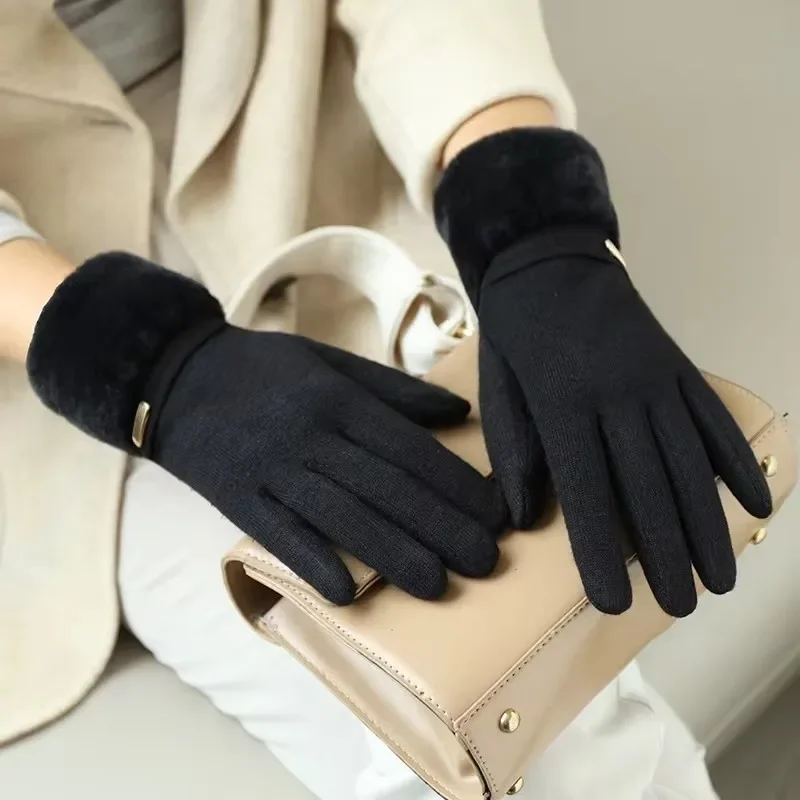 Invierno mujeres mantener caliente más pantalla táctil de terciopelo espesar muñeca de felpa guantes de gamuza moda personalidad elegante conducir ciclismo