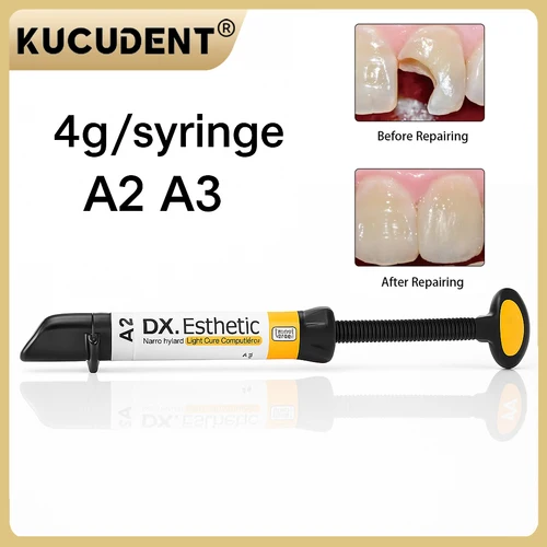Resina esmaltada DENTEX de 4 g/siringa: compuesto de curado ligero para restauración anterior, material de relleno nano híbrido (A2/A3)