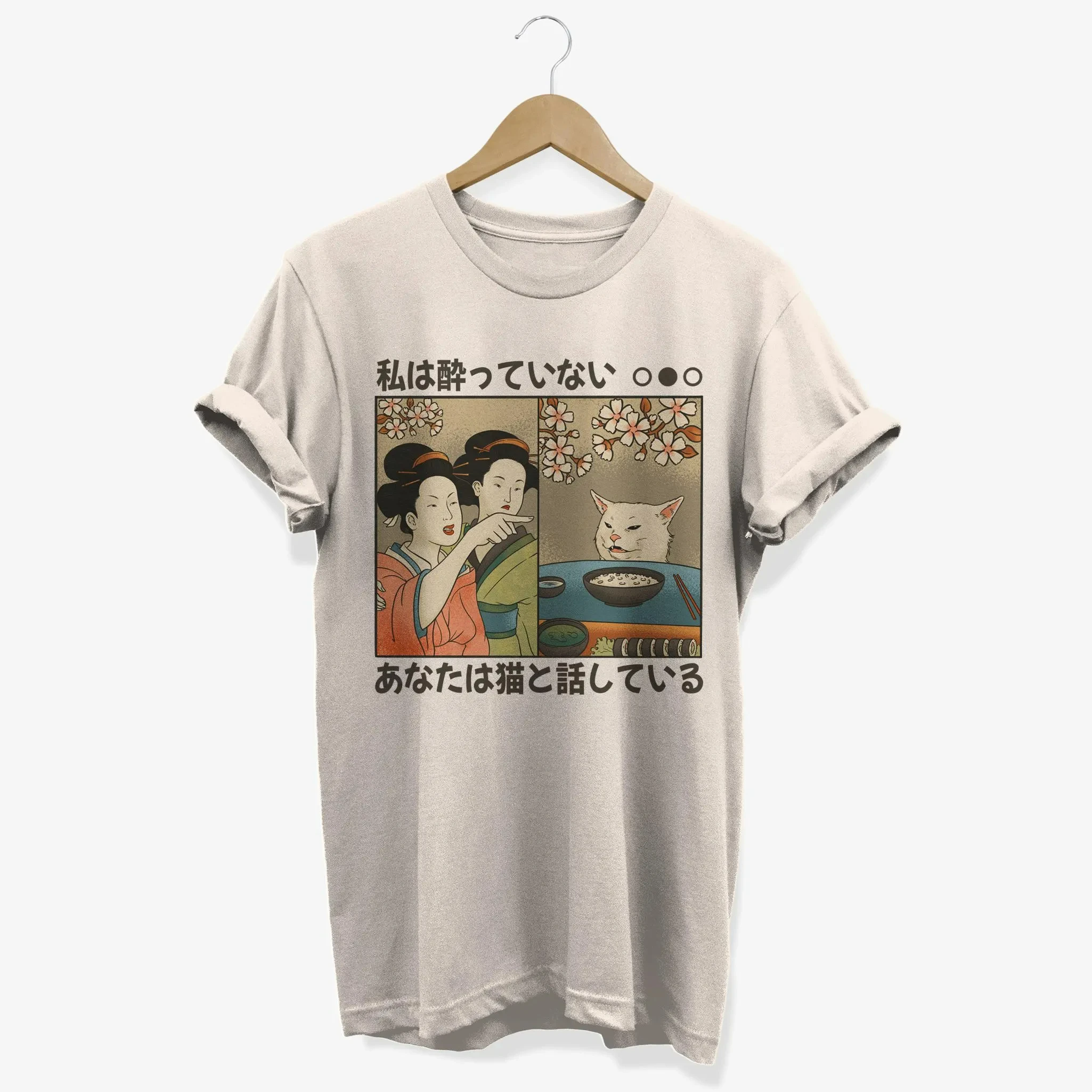 2026 Japanese Women's Geishas Meme Cat T-shirt with Japanese Pattern Pure Cotton Printed Men's and Women's T-shirt