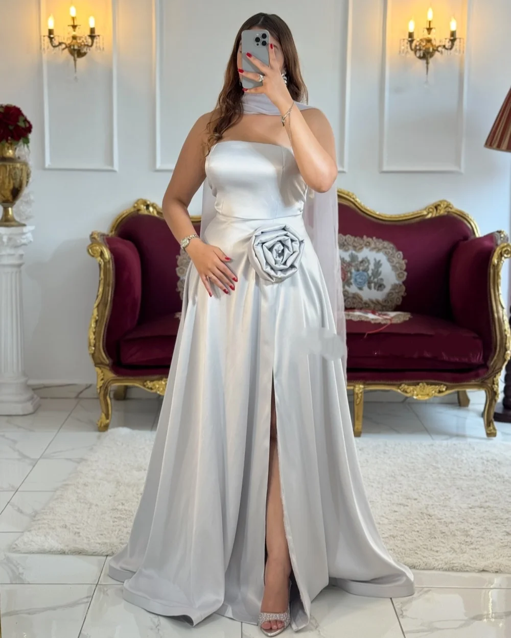 

Customized High Quality Fashion Charmeuse Handmade Flower Pleat A-line Strapless Long Dresses Bespoke Occasion Dresses Elegant