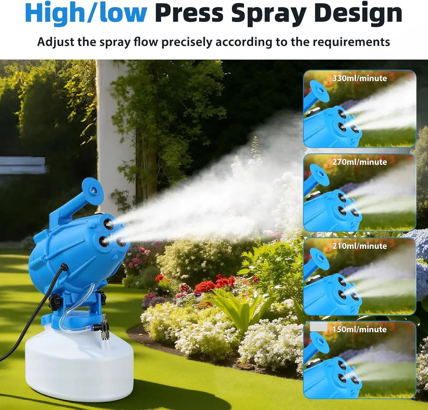 Portable 5L Electric Sprayer Bottle, Cold Fogger Machine with 3 Nozzles and Adjustable Flow Rate, 30ft Spraying Range, US Plug, Blue, Ideal for Home, Hotel, School, Church, Garden, Yard