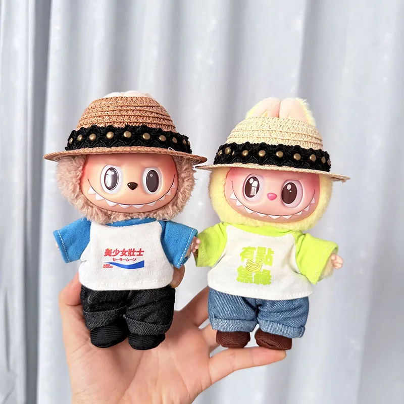 

Clothes For Labubu 15/17Cm Dolls Gen 1-3 Retro Straw Hat With T - Shirt And Jeans Set Clothing Accessories