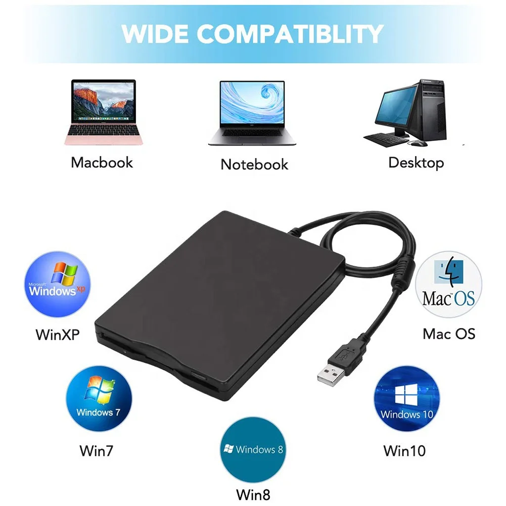 USB Floppy Disk Reader Drive 3.5 External Portable 1.44 MB FDD Diskette Drive for Windows 7 8 2000 XP Vista PC Laptop Desktop