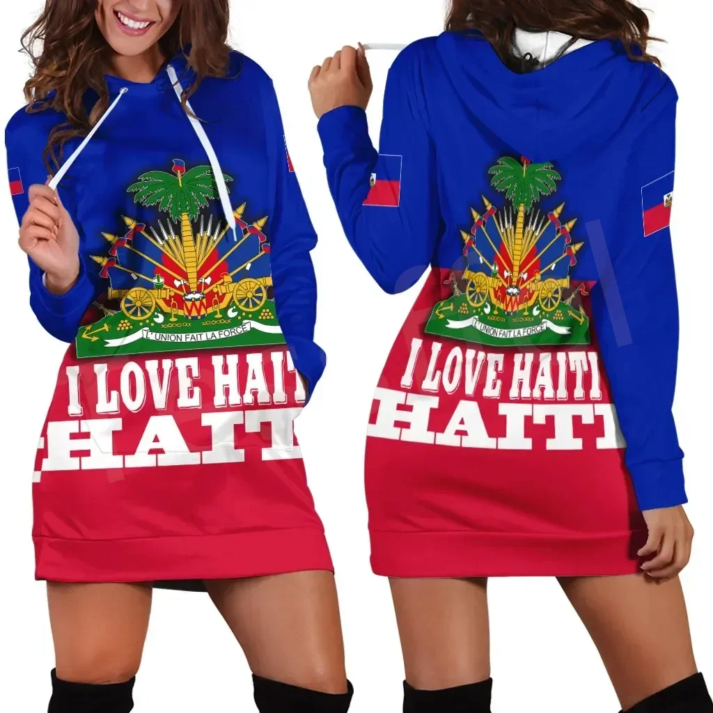 Haitian Flag 3d Women's hoodie dress Vintage Harajuku Casual Women's hoodie dress Casual sexy women's hoodie dress