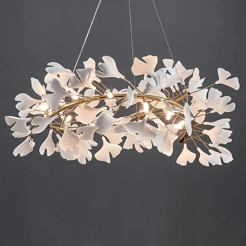 

Modern light luxury style living room restaurant hotel villa stairs ginkgo leaf shaped ceramic chandelier