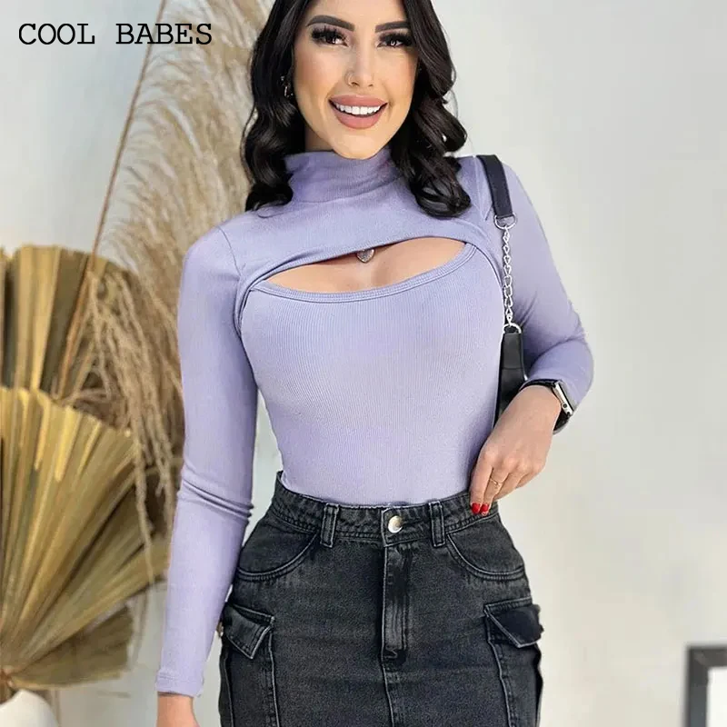 

Женская модная футболка, новинка, сезон осень-зима, сексуальная универсальная водолазка с вырезами, повседневная облегающая уличная одежда, футболка с длинным рукавом