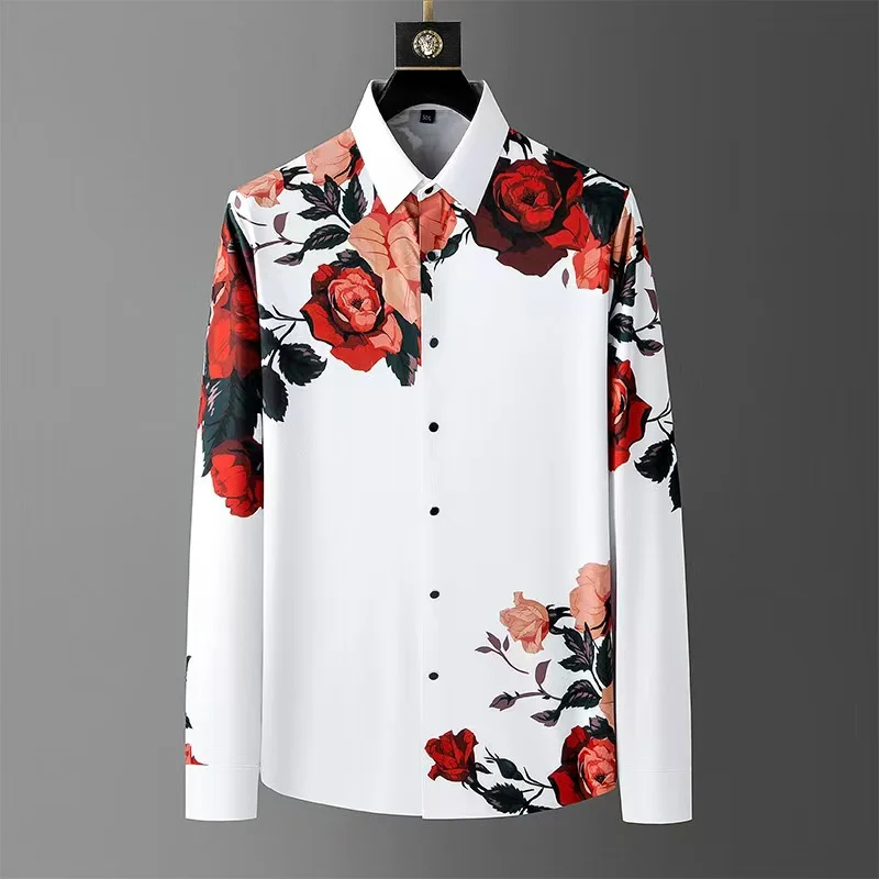 Luxe Hoge Kwaliteit Heren Vintage Bloemenprint Shirt Met Lange Mouwen Lente Social Club Dragen Modeprint Revers Shirt