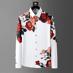 Camisa de manga longa com estampa floral vintage masculina, moda primavera social clube camisa lapela, alta qualidade, luxo