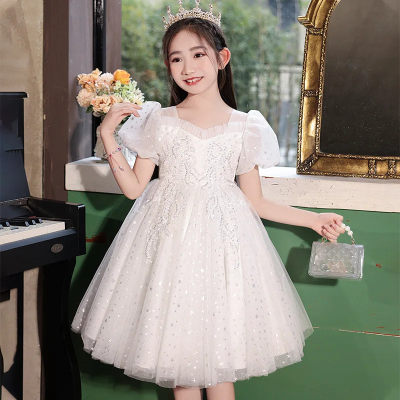 

Princess Dress Girls 2025 New Kids Puff Sleeve Luxury Party Dress Elegant Flower Girl Kids Sequined Wedding Birthday Dress