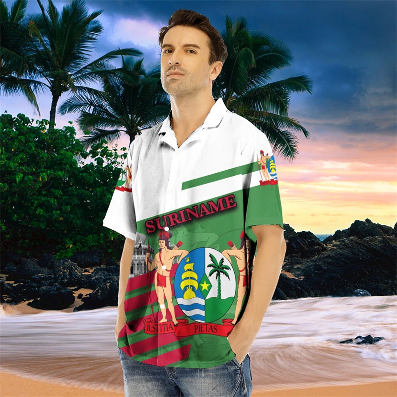 Surinam Flag Map Graphic Shirts For Men Clothes Casual Hawaii Short Sleeve Shirt Suriname National Emblem Lapel Blouse Male Tops