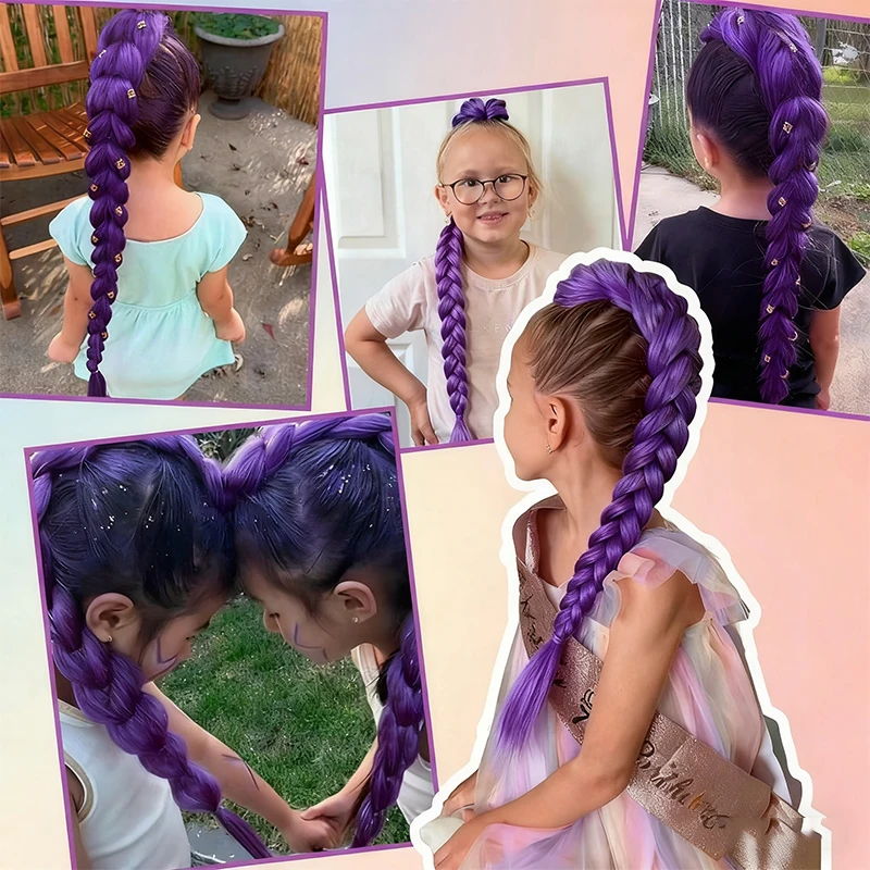 KPop デーモンハンターズ ルミ コスチューム ヘアスタイル 26 インチ ロング ポニーテール ウィッグ クリップ付き 合成編み込みパープルヘア 子供用 女の子用