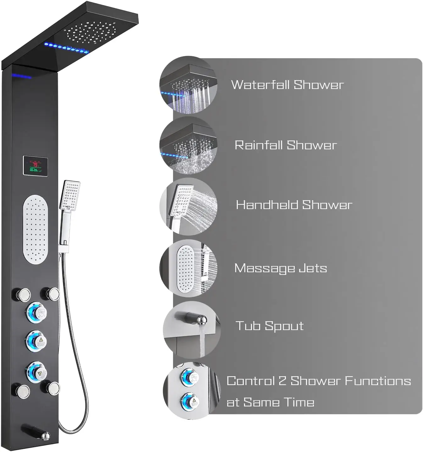 ZAPPO Shower Panel Tower System with LED Rainfall Waterfall Head Body Jets Digital Display Handheld Shower Column w/Tub Spout