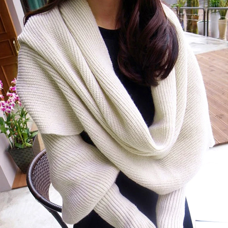 Knitted Shawl With Long Sleeves Elegant Solid Color Wrap Scarf Soft Warm Short Top Autumn Winter Coldproof Knit Shawl Scarves