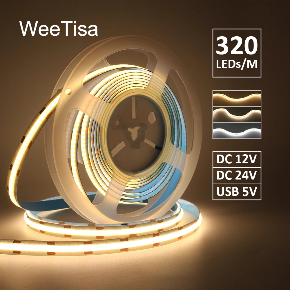 5V 12V 24V COB LED Strip Light 320LEDs/m High Brightness WW CW NW Flexible Ribbon 2M 5M Linear Dimable FCOB Tape Lamp Room Decor