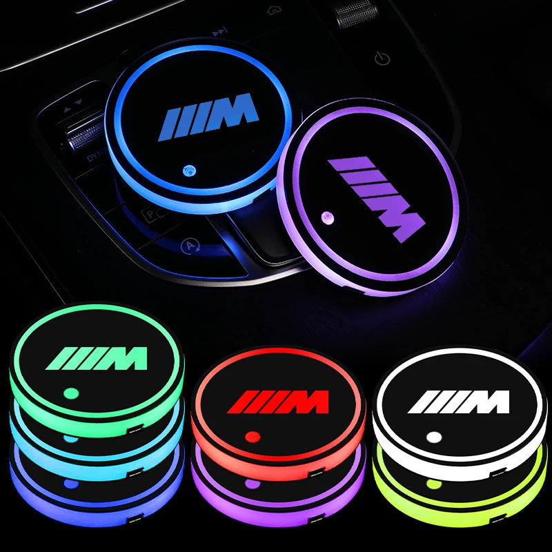 2PC LED Illuminated Car Water Cup Coaster Auto Interior Atmosphere Light Coaster For BMW M M2 E30 E39 E46 E53 E60 G30 F10 F11