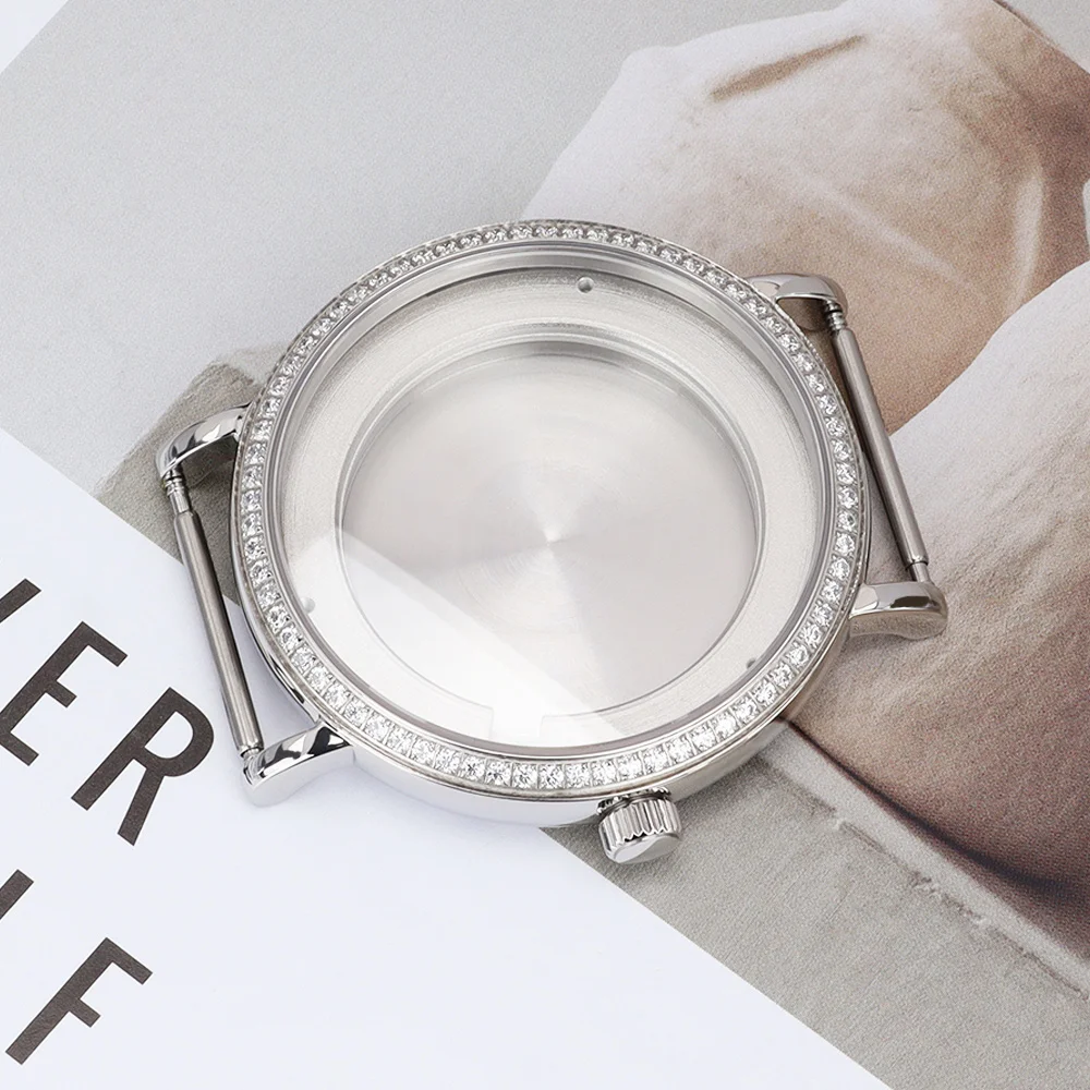 

Silvery 40MM Diamond Enchanted Watch Case Domed Sapphire Crystal For Miyota9015 Movements 316L Stainless Steel Watch Accessories