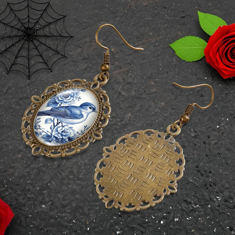 Blue and white sparrows and peonies Picture Oval Glass Cabochon Flower Shaped Fish Hook Earrings Handmade Gifts