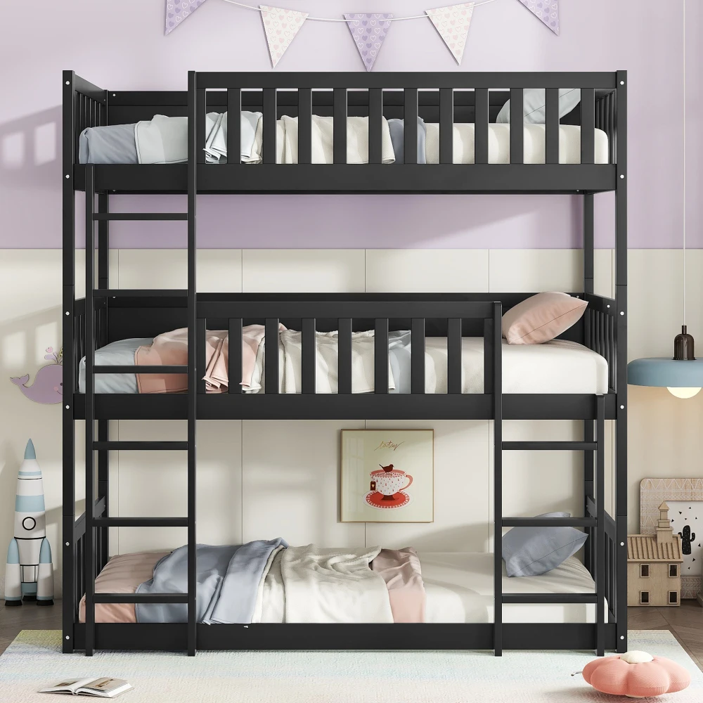 Twin Size Triple Rubber Wood Bunk Bed, with Ladders, Guardrails Detachable Bunk Bed, Twin over Twin over Twin,,Black