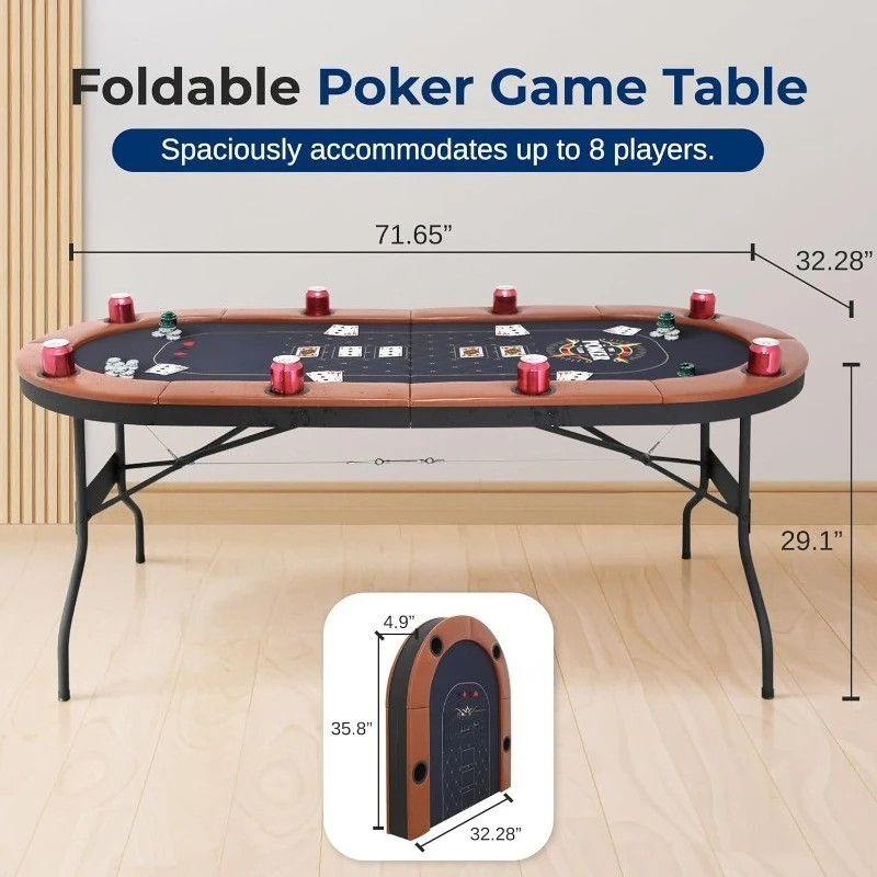 6ft Foldable Poker Game Table, 8 Player Casino Style Oval Card Table with Cushioned Rails, 8 Cup Holders, Metal Legs,