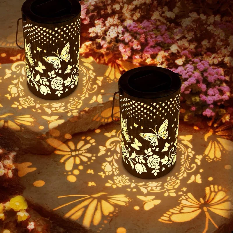 

New Solar Butterfly Lamp Wrought Iron Hollow Lantern Outdoor Waterproof Villa Lawn Garden Decoration Projection Decorative Lamp