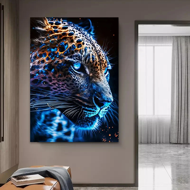 Abstract Animal Leopard Poster and Print Neon Light Effect Canvas Painting Wall Art Picture for Living Room Home Decoration Gift