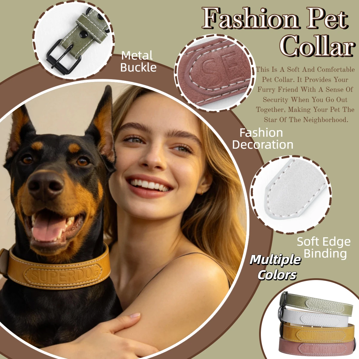 Morandi Color PU Leather Dog Collar Embossed SUPERDOG Letter Comfort Soft Pet Collar Adjustable Metal Buckle D-ring For Doberman