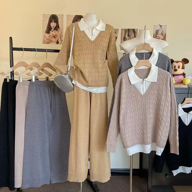 

Вязаный свитер с воротником Thiened, широкие брюки с высокой талией, осень-зима, новый женский комплект Faion, повседневные брюки