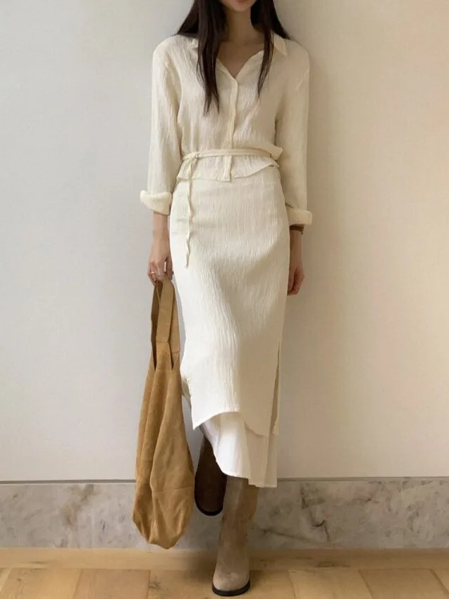 Korean Style Versatile Short Sleeve Long Shirt And High Waist Skirt Set Autumn Fashion Women's Clothing Street Style Campus Wear