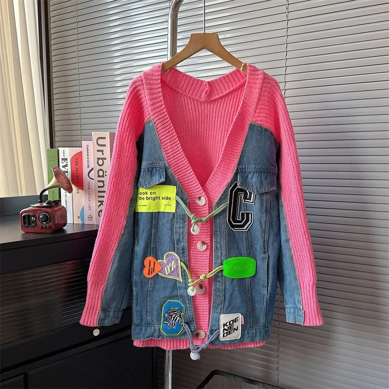 

New Oversized Sweater Denim Stitching Sweater Cardigan Women Autumn And Winter Loose Lazy Wind Knitted Coat Top
