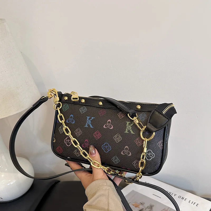 

Multi Color Print Dual Chain Shoulder Bag, Casual Convertible Mini Purse for Office Commute Shopping Date Weekend Trip
