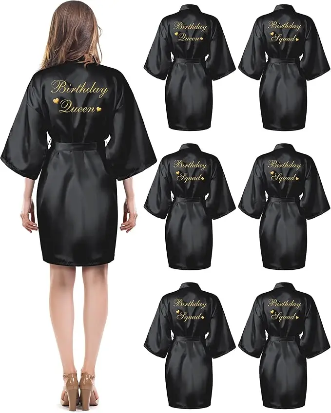 6 Pcs Women's Birthday Squad Robes Birthday Party Queen Spa Bathrobe Kimono Spa Robe Sleepover Party Robes Silky Gown