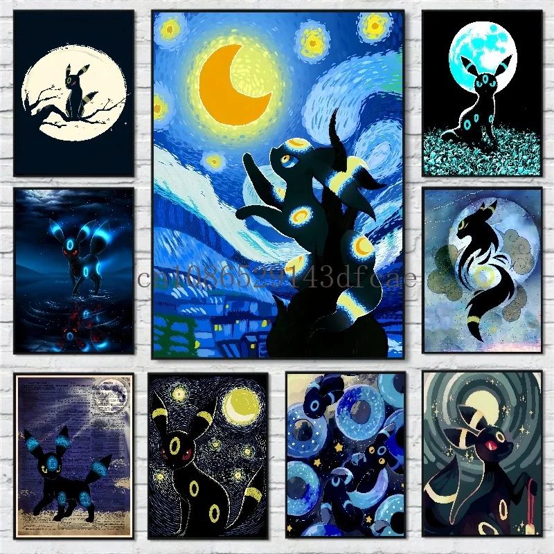 Pokemon Van Gogh Starry Sky Anime Figures Umbreon Watercolor Painting Canvas Posters and Prints Wall Art Picture for Living Room