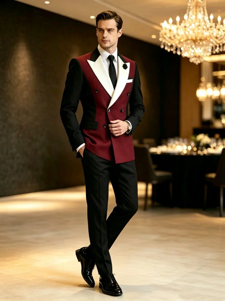 Men's Lapel Contrast Tuxedo Blazer Burgundy Black Color Block Double Breasted Slim Suit Jacket Wedding Stage Formal Outerwear