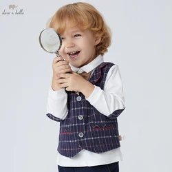 Dave Bella Brand Baby Boys Gentleman Clothes 2pcs Long Sleeve Bow Navy Plaid Shirt Tops+Long Pants Outfit DB18655