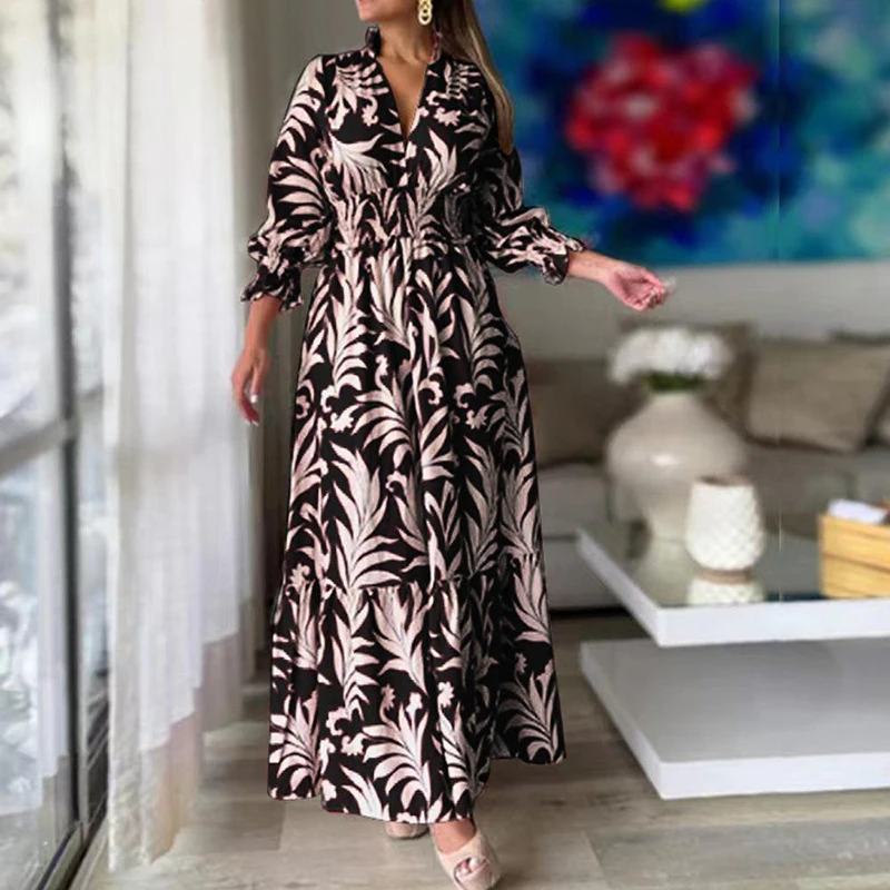 Lady Sexy V Neck Pattern Printed Holiday Dress New 2025 Casual Swing Robe Dress Spring Summer Long Sleeved High Waist Boho Dress