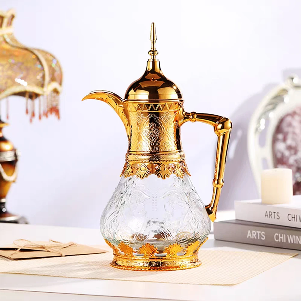 Arabic luxury style cold water kettle, Embossed patterned glass cooling water bottle, Home large capacity flower tea pot, 1.6L