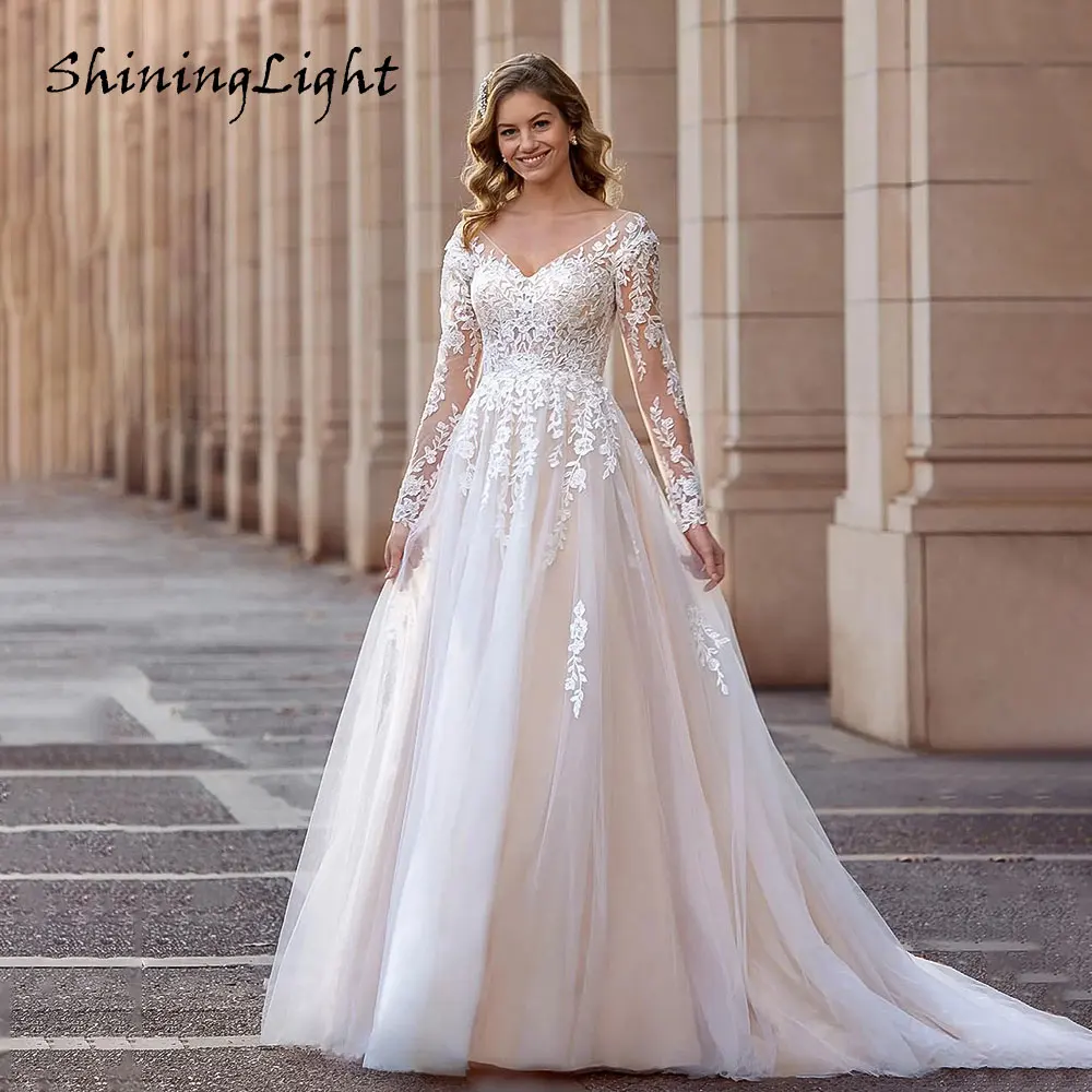 

ShiningLight Long Sleeves Lace Wedding Dresses V-Neck Appliques Boho Bridal Gown Tulle Princess Vestidos De Novia Customized