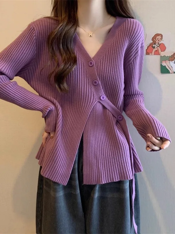 

Ele V-Ne Long Sve Knitted Top plus Size Women's Faion Autumn Winter Purple Color Slim Fit Base Layer irt
