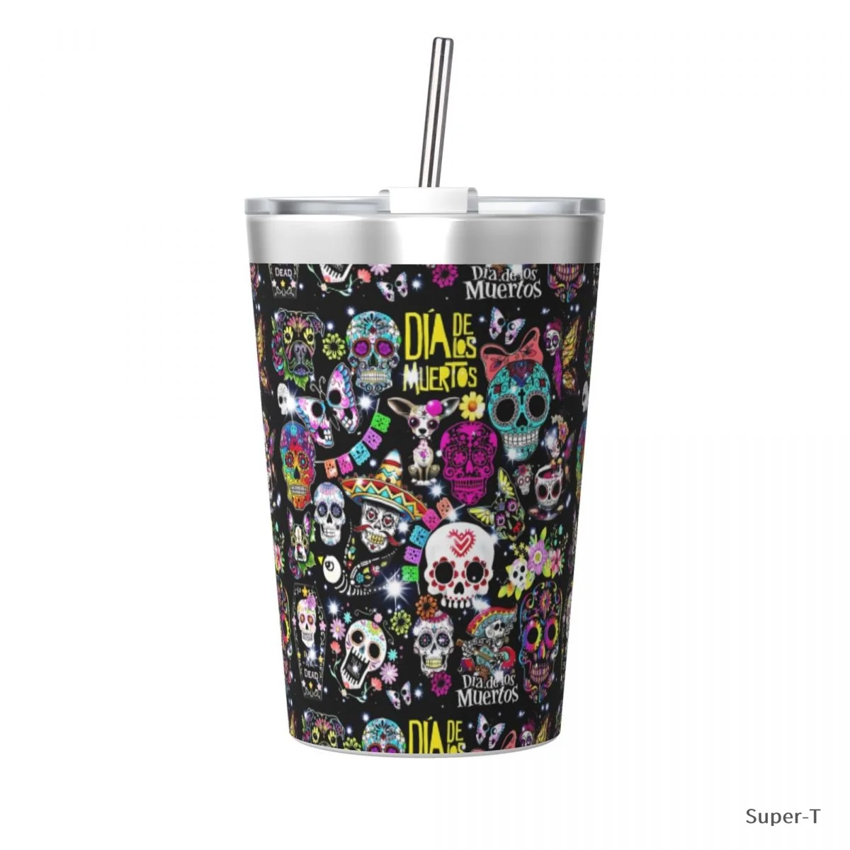 Day of the Dead Cup with Straw Thermos Bottle Coffee Stainless Steel Double-layer Insulation Travel Mug Vacuum Flask