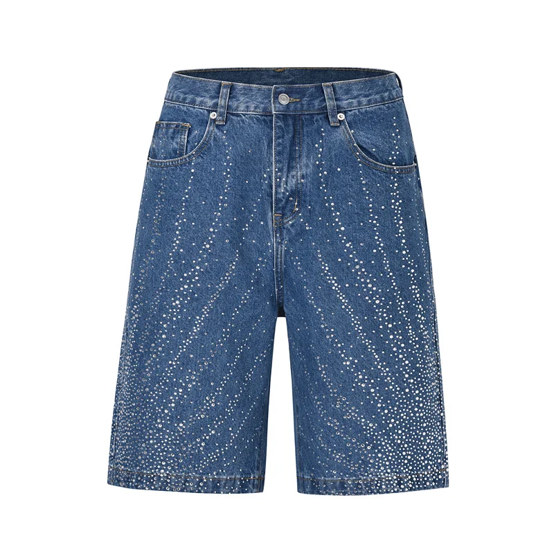 

Blue Sparkling Diamond Denim Cropped Pants Men Women High Quality Versatile Casual Jeans