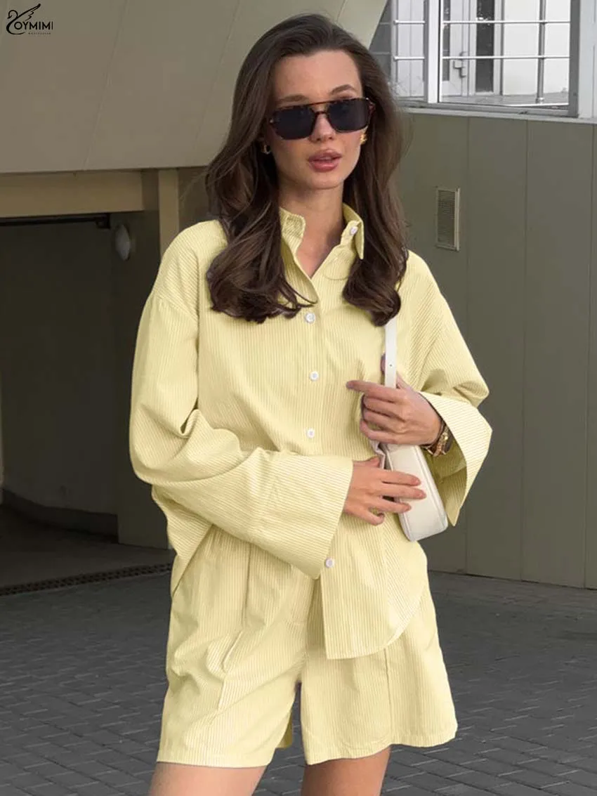 

Oymimi Fashion Yellow Cotton 2 Pieces Set For Woman Casual Lapel Long Sleeve Single Breasted Shirts And High Waist Shorts Sets