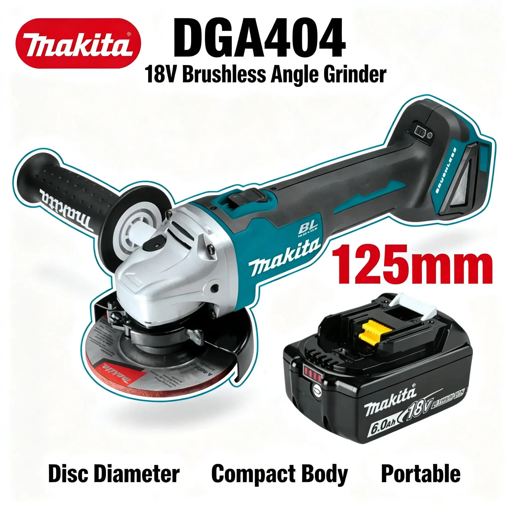Neuer Makita DGA404 18V 125mm bürstenloser Winkelschleifer, wiederaufladbarer Lithium-Ionen-Handschleifer, vielseitig einsetzbar zum Metallschneiden, Schleifen und Oberflächenpolieren
