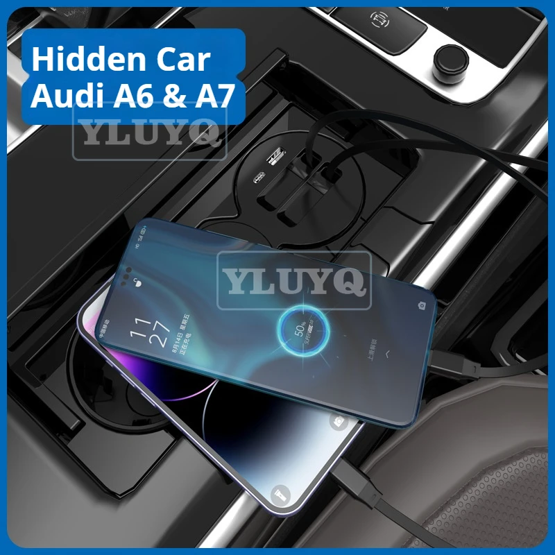 For Audi A6/A7 Central Console Cup Holder Expansion Dock, Hidden Car Charger, Retractable Charging Cable, Car Modification